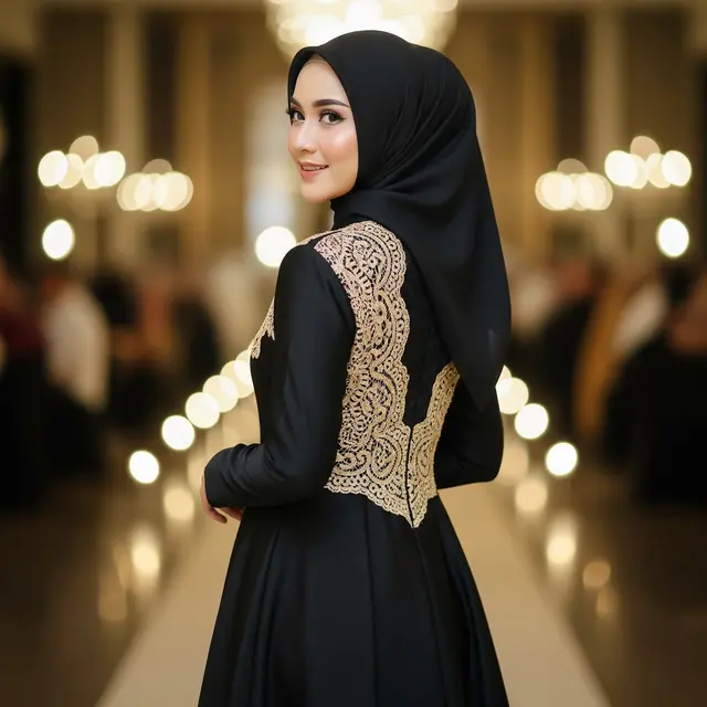 9 Model Gamis Hitam Simple Elegan Kombinasi Brokat Gold untuk Pesta Malam, Elegan