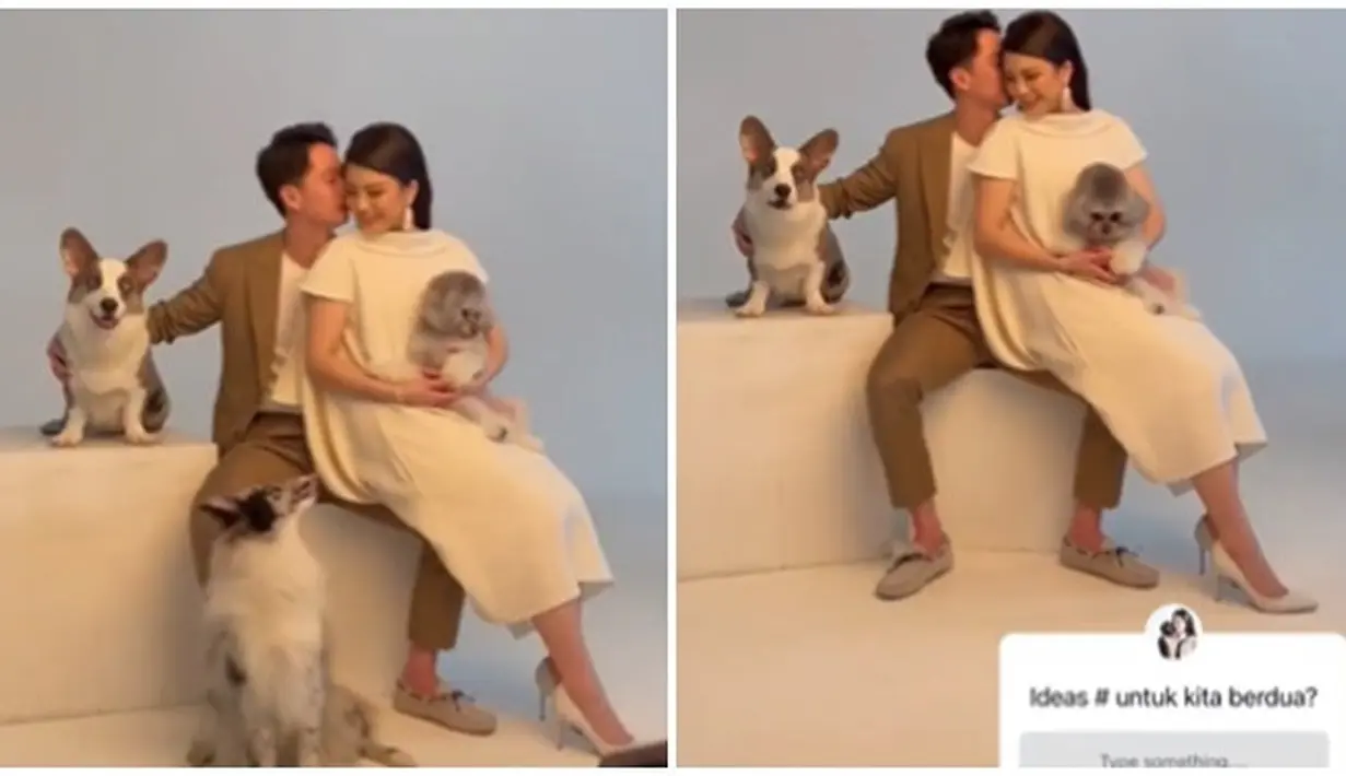 Dalam unggahan ini, Valencia juga bubuhkan kotak pertanyaan meminta saran kepada netizen hashtag menarik untuk singkatan nama keduanya. Momen prewedding bareng anjing ini tentunya jadi lebih seru dan hangat karena ada suara anjing studio. Dikenal sosok yang cuek dan dingin, pose manis Kevin cium sang kekasih saat prewedding ini bikin netizen baper. (Liputan6.com/IG/@valenciatanoe)