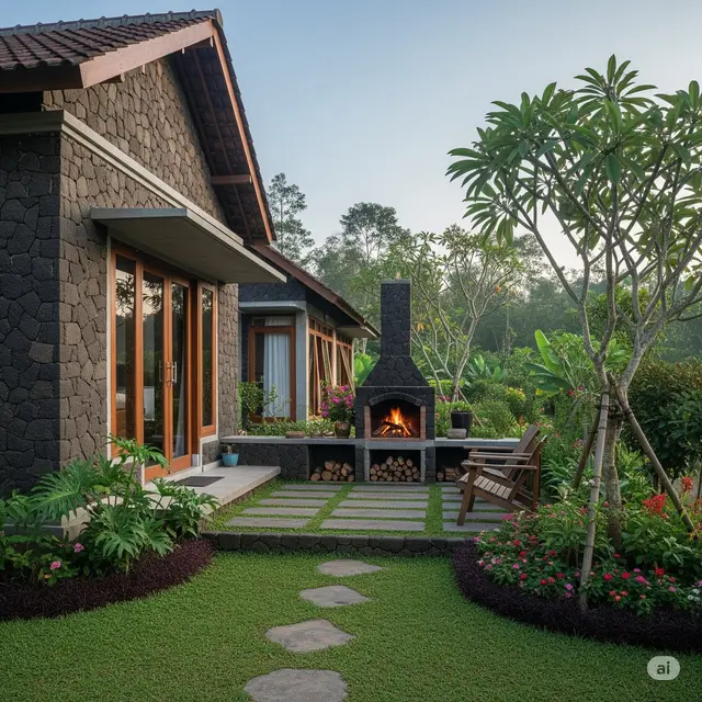 Model Rumah Sederhana Masa Tua yang Nyaman Desain Batu Alam Pedesaan. Foto: Gemini