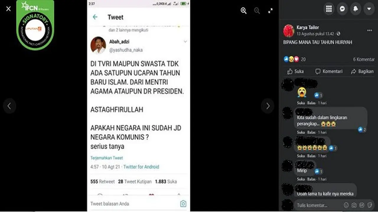 Gambar Tangkapan Layar Kabar tentang  Presiden dan Menteri Agama Tidak Mengucapkan Selamat Tahun Baru Islam (sumber: Facebook).
