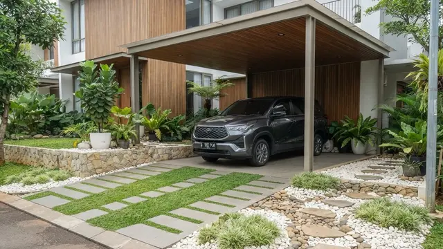 Inspirasi Carport dengan Jalur Rumput Gajah Mini