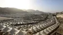 Pemandangan tenda-tenda jemaah yang berada di antara Padang Arafah dan Mina, di Makkah, Arab Saudi (23/6/2020).(AFP Photo/STR)
