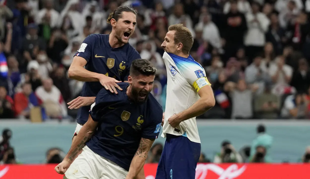 Hingga laga usai skor 2-1 untuk kemenangan Prancis tetap bertahan. Harry Kane dkk pun harus tersingkir di perempatfinal, sementara Prancis sukses lolos ke semifinal untuk menantang Maroko dan masih berpeluang mempertahankan trofi yang diraihnya pada edisi 2018 lalu. (AP/Frank Augstein)