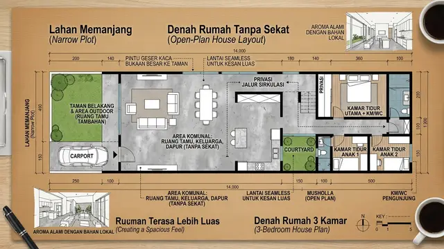 Denah Rumah 3 Kamar Tanpa Sekat untuk Lahan Memanjang (AI Generated)