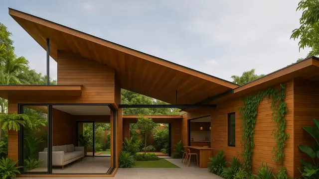 Rumah Kayu Modern Minimalis Leter L dengan Atap Asimetris (Foto: ChatGPT)