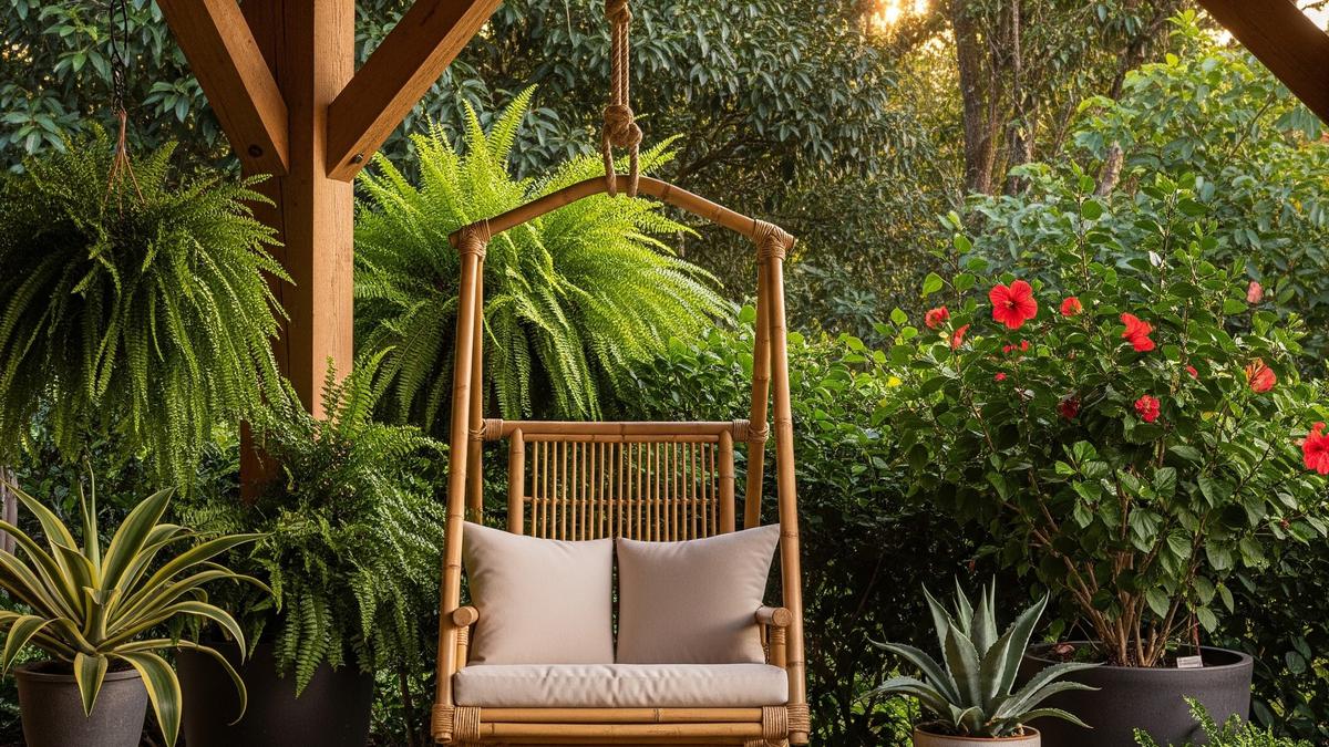 6 Model Teras Depan Rumah Tropis dengan Kursi Bambu Gantung Tren 2025, Estetik Nyaman