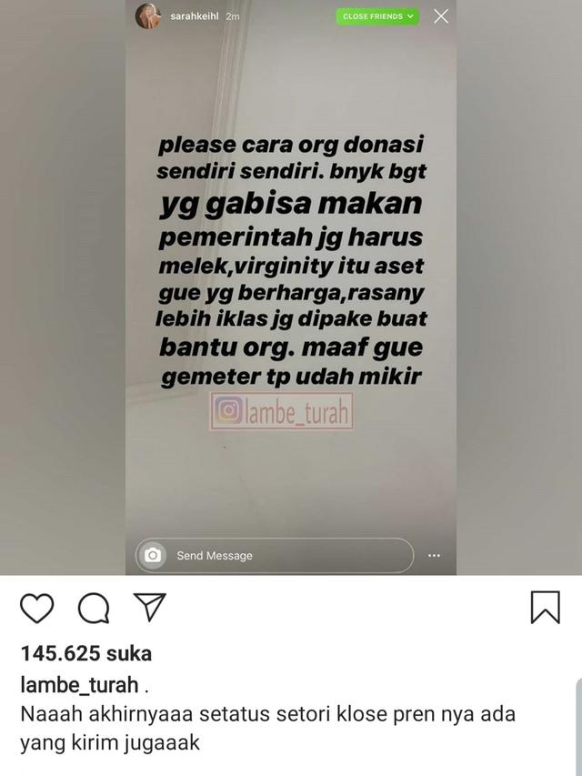 Unggahan Sarah Salsabila. (Foto: Instagram @lambe_turah)