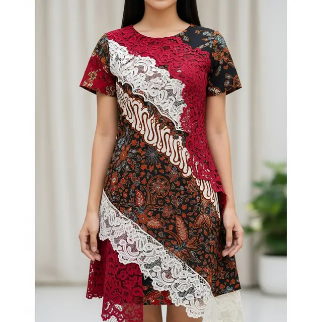 9 Dress Batik Kombinasi Brokat Asimetris Lengan Pendek, Inovasi Gaya Anggun