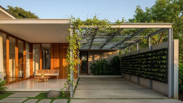 Desain Teras Sekaligus Carport dengan Tanaman Rambat