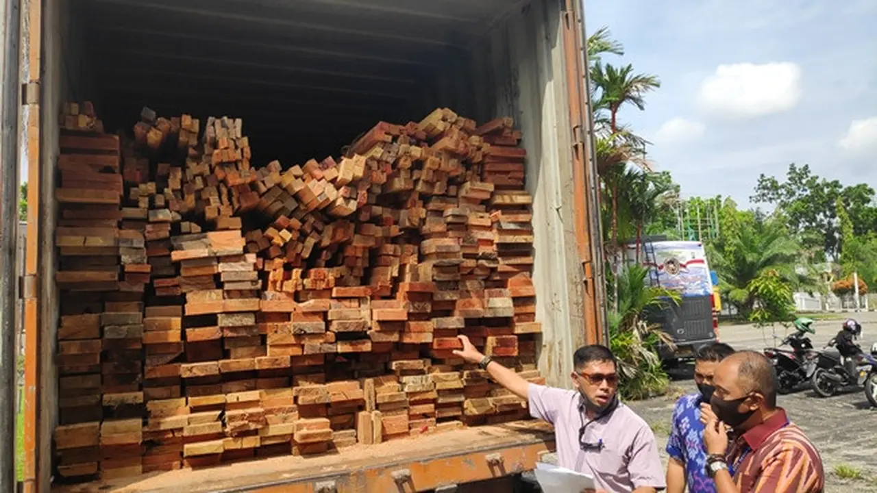 Barang bukti kayu ilegal logging dari Suaka Margasatwa Rimbang Baling yang disita Polda Riau.