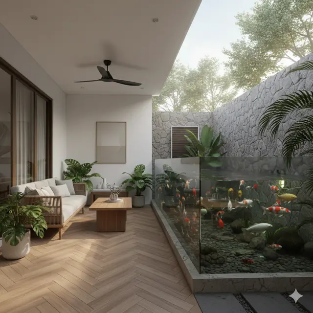 Model Teras Rumah Dekat Kolam Ikan