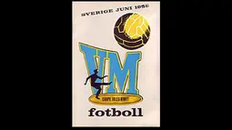 Logo Piala Dunia tahun 1958 di Swedia. Huruf VM mendominasi diantara siluet pemain bola yang sedang menendang bola (Istimewa)