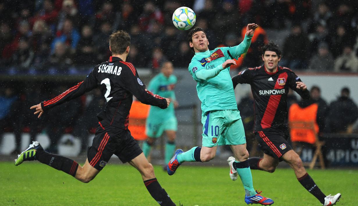4. Jumlah gol dalam 2 leg. Lionel Messi unggul dengan mencetak 6 gol dalam 2 leg pertandingan saat Barcelona melawan Bayer Leverkusen pada musim 2011/2012. (AFP/Patrik Stollarz)