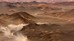  Peserta melewati Gurun Gobi saat beraksi di Etape 9 Reli Silkway yang melewati tiga benua dari Moskow ke Beijing berjarak 10.734 km, (18/7/2016). (AFP/Patrick Baz)
