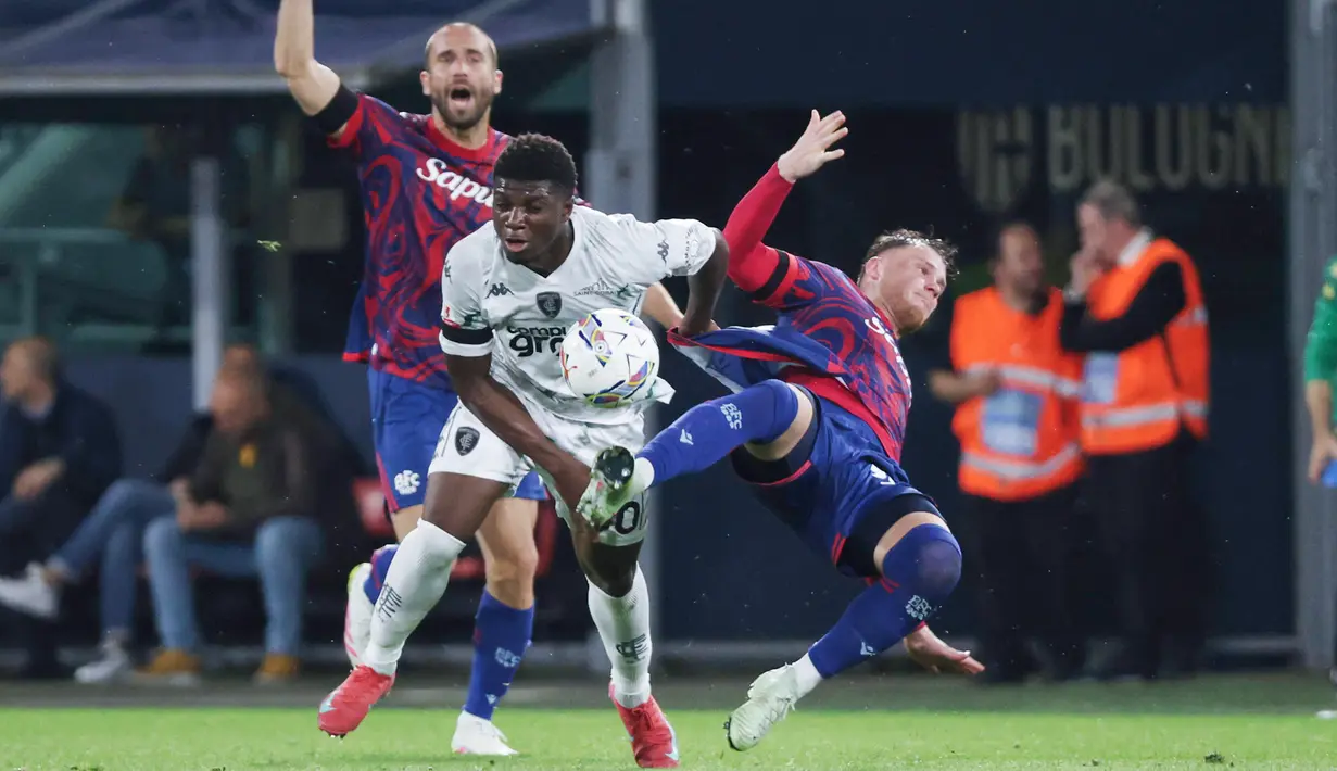 Bologna resmi melaju ke final Coppa Italia pertama mereka dalam 51 tahun setelah mengalahkan Empoli dengan skor agregat meyakinkan 5-1. (Michele Nucci/LaPresse via AP)