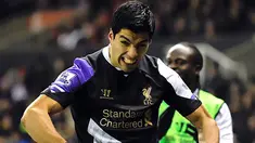 Penyerang Liverpool Luis Suarez merayakan setelah mencetak gol saat pertandingan sepak bola Liga Utama Inggris antara Stoke City melawan Liverpool di The Britannia stadion, pada (12/01/14) waktu setempat.(Foto: AFP/Andrew Yates)