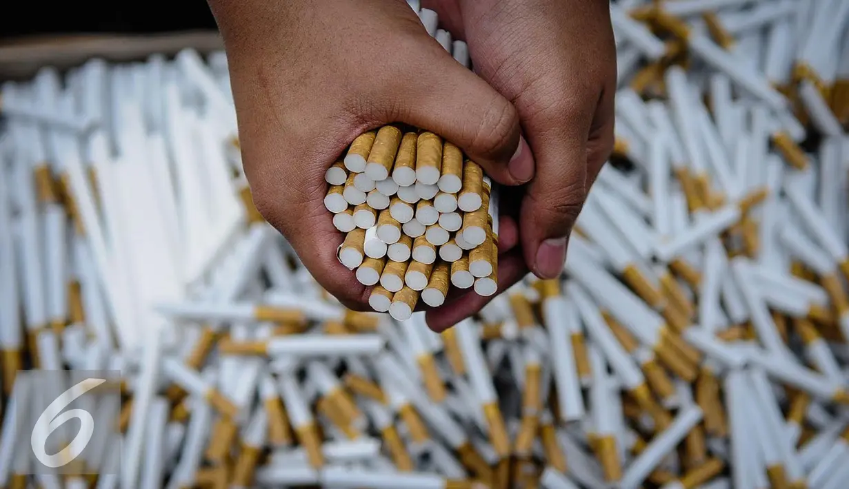 Sejumlah batang rokok ilegal diperlihatkan petugas saat rilis rokok ilegal di Kantor Direktorat Jenderal Bea Cukai, Jakarta, Jumat (30/9). Rokok ilegal ini diproduksi oleh mesin dengan total produksi 1500 batang per menit. (Liputan6.com/Faizal Fanani)