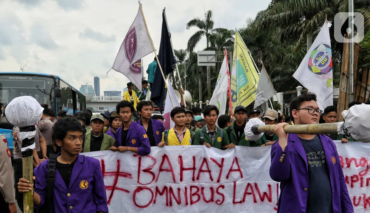 Mahasiswa membawa korek kuping raksasa saat berunjuk rasa menolak RUU Omnibus Law di depan Gedung MPR/DPR/DPD di Jalan Gatot Subroto, Jakarta, Rabu (4/2/2020). Aksi ini diikuti Aliansi Badan Eksekutif Mahasiswa Seluruh Indonesia (BEM SI) dari 13 kampus di Jabodetabek. (Liputan6.com/Johan Tallo)