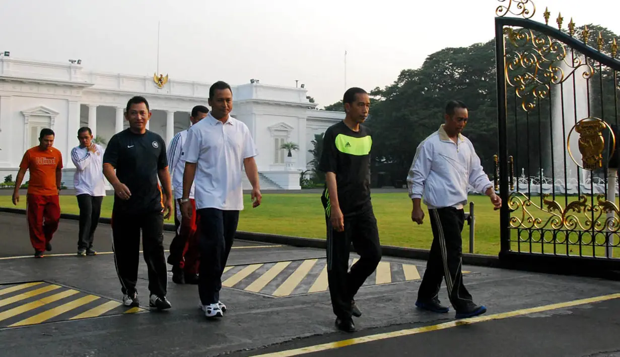 Presiden Jokowi melakukan lari pagi lari dari depan Istana Merdeka menuju Bundaran HI, Jakarta, Minggu (2/11/2014). (Rumgapres/Agus Suparto) 