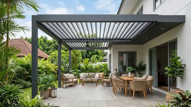 Inspirasi Teras Belakang dengan Atap Pergola dan Penutup Hujan yang Dapat Dibuka