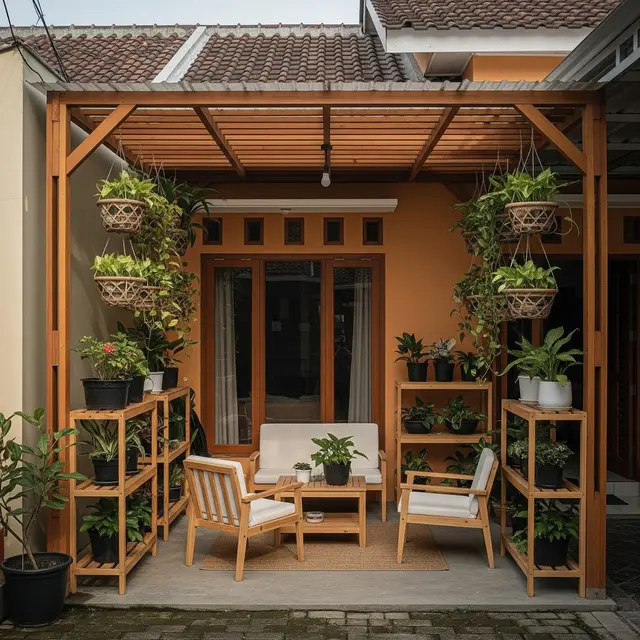 Model Teras Rumah Kecil dengan Kanopi Kayu dan Taman Gantung