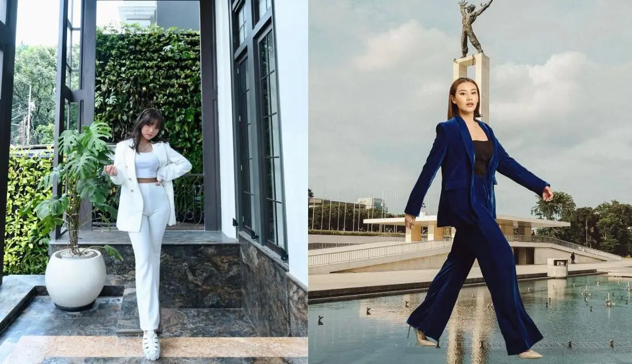 Untuk gaya bisnis, Fuji dengan setelan blazer putih. Sedangkan Aaliyah dengan set velvet blazer biru. [@fuji_an/@aaliyah.massaid]