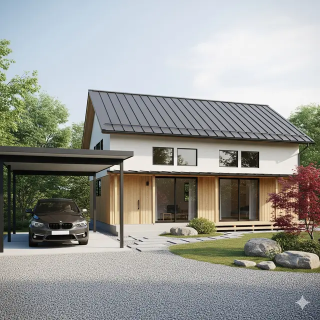 Desain Gaya Japandi dengan Carport Sederhana