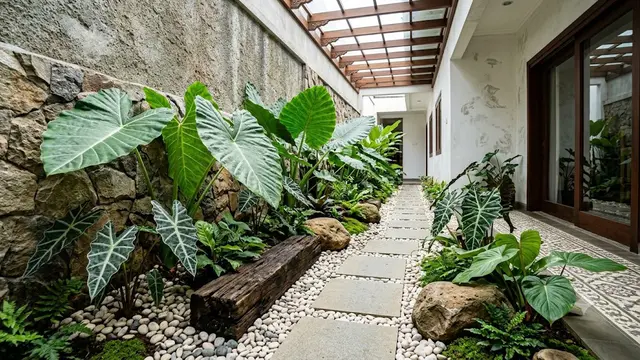 Ide Taman Mini di Lorong Rumah dengan Tanaman Berdaun Lebar