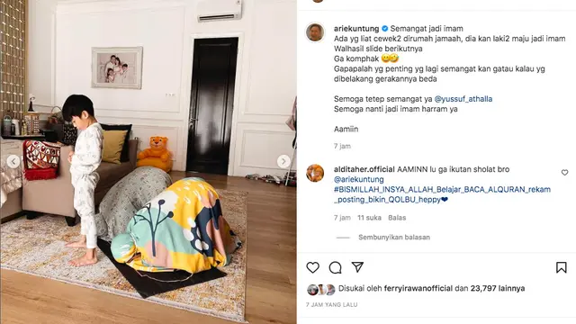 Lucunya Putra Arie Untung Inisiatif Jadi Imam untuk Ibunda dan Kakak Perempuannya yang Sedang Salat Berjamaah