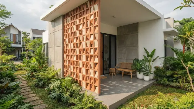 Model Teras Rumah dengan Roster Vertikal untuk Privasi Maksimal