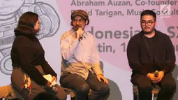 Music Consultant Hello Dangdut, David Tarigan memberi keterangan pers menjelang Festival SXSW 2019 yang akan digelar di Amerika Serikat, di Jakarta, Selasa (26/2). Bekraf akan mengirimkan 19 pelaku industri. (Liputan6.com/Fery Pradolo)