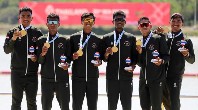 Tim dayung Indonesia sukses menyabet dua medali emas di SEA Games 2025 Thailand usai bertanding di The Royal Thai Navy Rowing and Canoeing Training Center, Rayong, pada Selasa (15/12/2025). (Foto: NOC Indonesia/Didik Setiawan)