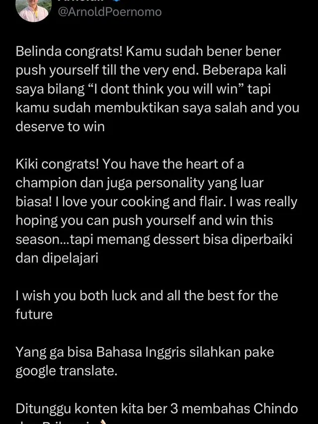 Cuitan Chef Arnold Poernomo. (Foto: Dok. Twitter @ArnoldPoernomo)