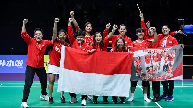 Selebrasi tim Indonesia setelah lolos ke final Piala Uber 2024
