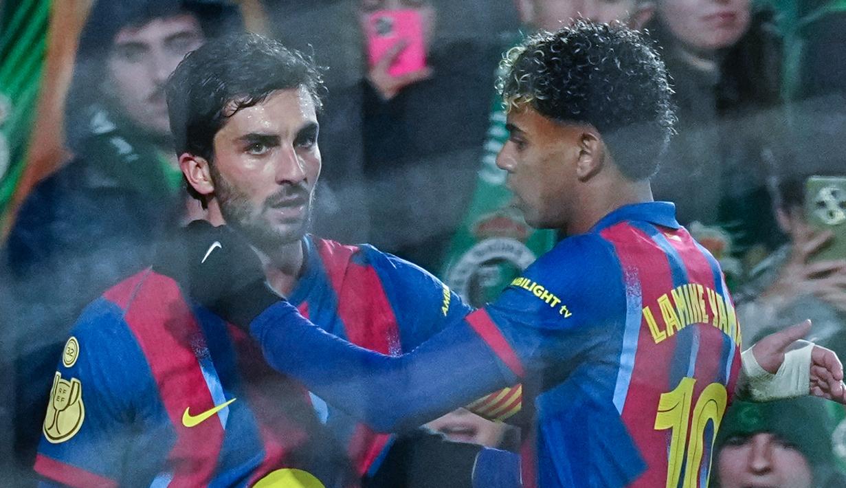Barca baru bisa cetak gol pada menit ke-66 lewat gol Ferran Torres, sebelum Lamine Yamal memastikan kemenangan dengan golnya di injury time (90+6'). (AP Photo/Miguel Oses)