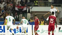 Gelandang Irak Bashar Rasan merayakan gol pertama timnya pada pertandingan Kualifikasi Piala Dunia 2026 zona Asia melawan Timnas Indonesia di&nbsp;Basra Sport City Stadium, Kamis, 16 November 2023. (Hussein Faleh / AFP)