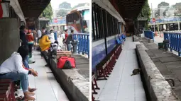 Foto kiri menggambarkan situasi Terminal Kampung Rambutan pada Senin (30/3/2020). Foto kanan menggambarkan situasi Terminal Kampung Rambutan pada Sabtu (25/4/2020). Guna memutus mata rantai penularan Covid-19, pemerintah resmi melarang mudik pada Jumat (24/4) lalu. (Liputan6.com/Helmi Fithriansyah)