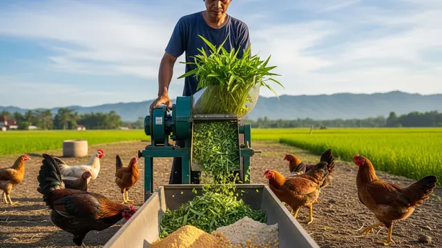 Mencacah Kangkung untuk Pakan Ternak Ayam