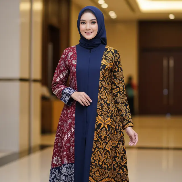 Gamis Batik Paduan Polos dengan Warna Berlawanan