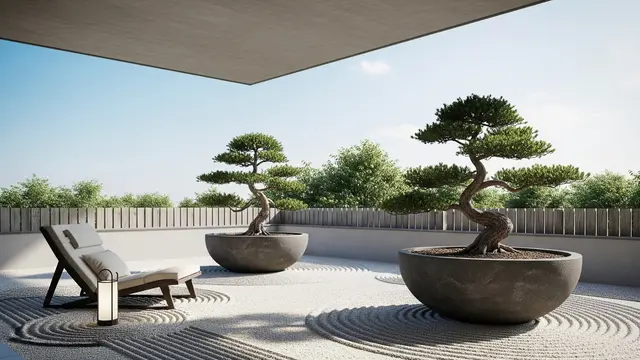Desain Teras Rumah Sederhana dengan Tanaman Pot Besar (AI)