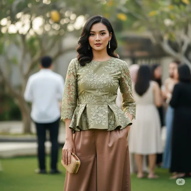 Setelan Blouse Brokat dan Celana Kulot Satin