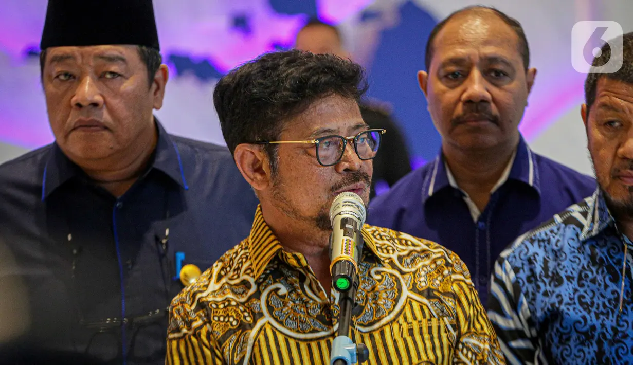 Syahrul juga tidak terlampau lama menggelar jumpa pers di Kantor DPP Partai Nasdem karena mengaku lelah akibat perjalanan. (Liputan6.com/Faizal Fanani)