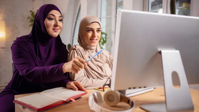 Ilustrasi muslim, ibu dan anak, belajar