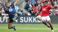 Winger Manchester United (MU) Jesse Lingard beraksi pada uji coba melawan Kristiansund di Ullevaal Stadion, Rabu (31/7/2019) dini hari WIB. (Twitter ManUtd)