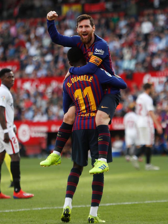 Selebrasi Lionel Messi Saat Cetak Hattrick ke Gawang Sevilla