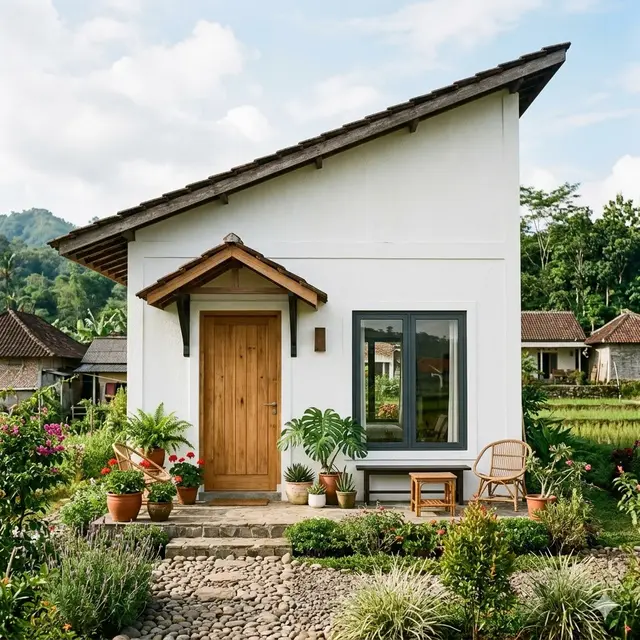 Desain Fasad Rumah Desa dengan Atap Miring