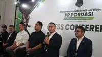 Ketua Umum Pengurus Pusat Persatuan Olahraga Berkuda Seluruh Indonesia (PP PORDASI) 2024-2024 Aryo P.S. Djojohadikusumo membuka Konferensi Pers Penyelenggaraan Musyawarah Nasional Luar Biasa (Munaslub) PP PORDASI di The Langham Hotel, Jakarta (2/11).