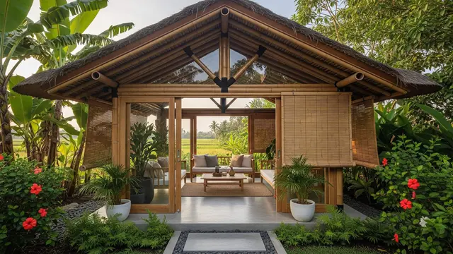 Inspirasi Gazebo Bambu Modern di Halaman Rumah Kampung