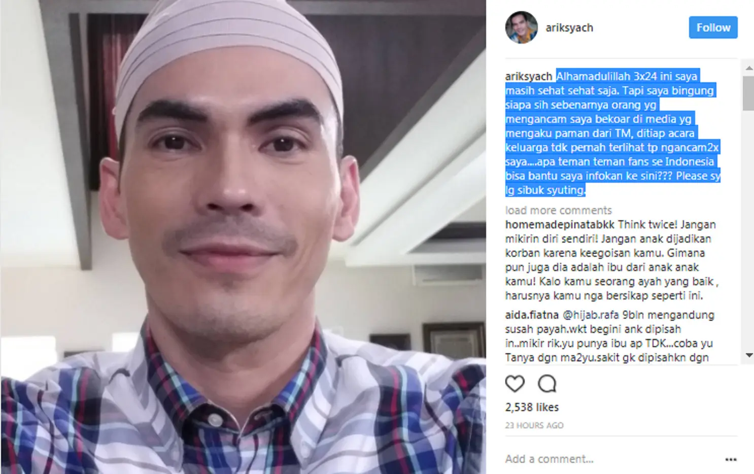 Atalarik Syah mengaku diancam oleh paman Tsania Marwa. (Instagram/ariksyach)