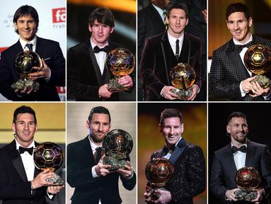 Termasuk trofi Ballon d'Or yang baru saja diraihnya pada edisi terbaru 2023, Lionel Messi total telah mengoleksi 8 penghargaan Ballon d'Or sepanjang kariernya. Rinciannya adalah 7 gelar diraihnya bersama Barcelona, sementara gelar ke-8 diraih saat dirinya telah berseragam Inter Miami atas pencapaiannya bersama PSG plus keberhasilannya menjuarai Piala Dunia 2022 bersama Timnas Argentina. Tentunya menarik untuk mencermati metamorfosa wajah La Pulga dalam 8 edisi Ballon d'Or yang berhasil dimenanginya. Seperti apa ya? Simak momen-momennya berikut ini. (Kolase Foto AFP)